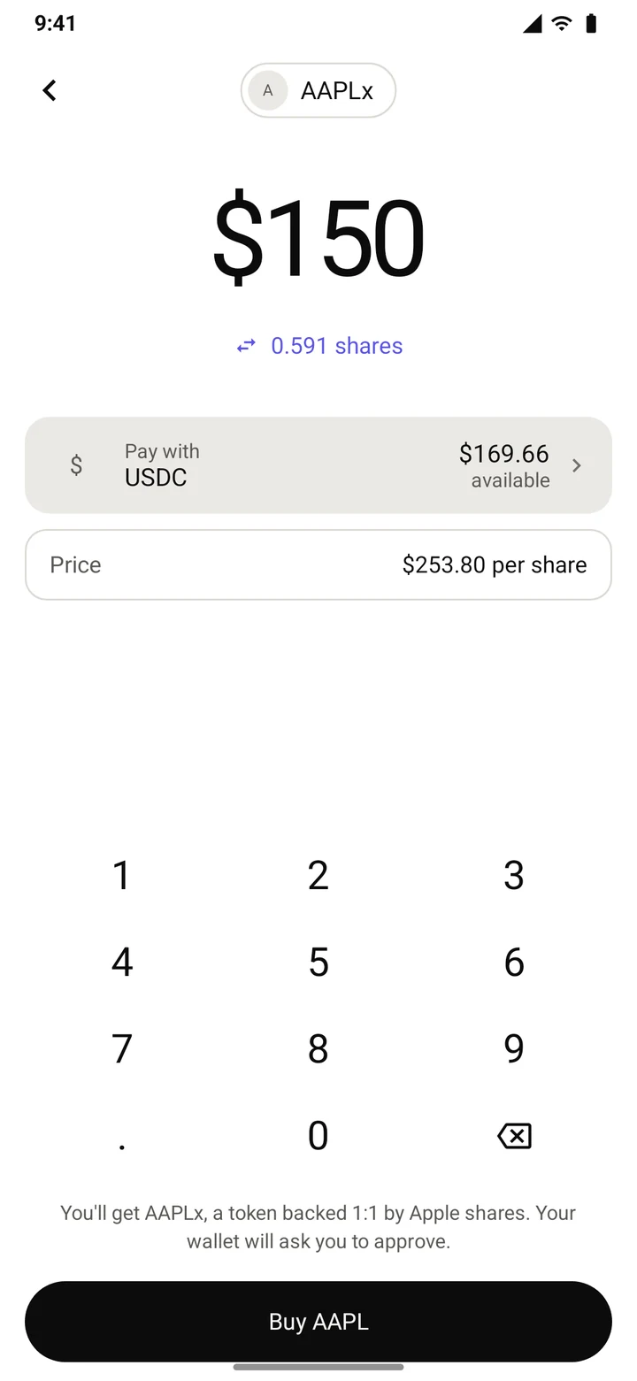The amount screen: $150 of AAPLx, paid with USDC, at $253.80 a share