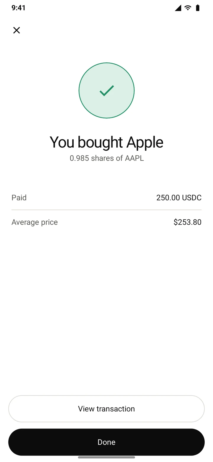Done: you bought Apple, 0.985 shares of AAPL