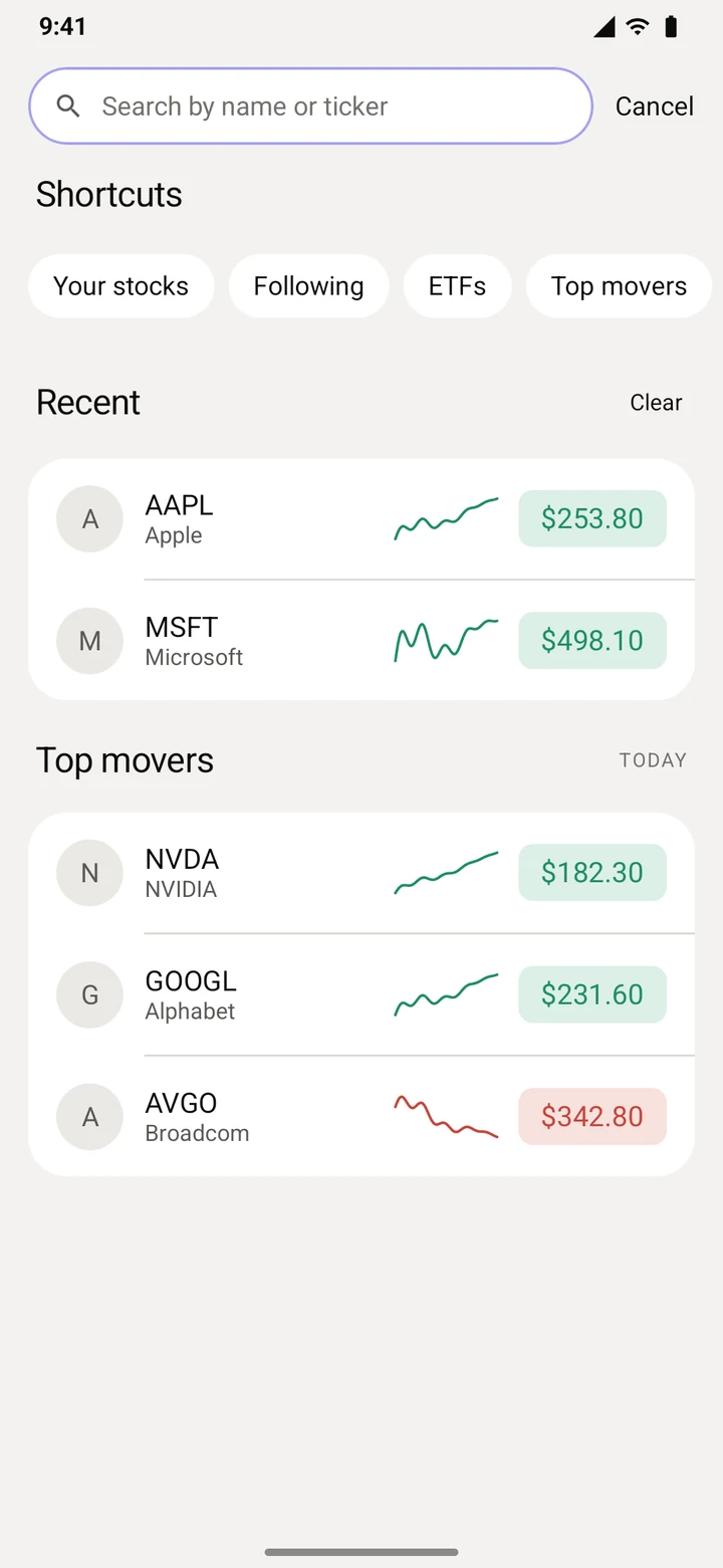 Search by name or ticker, with shortcuts, recent searches and today's top movers